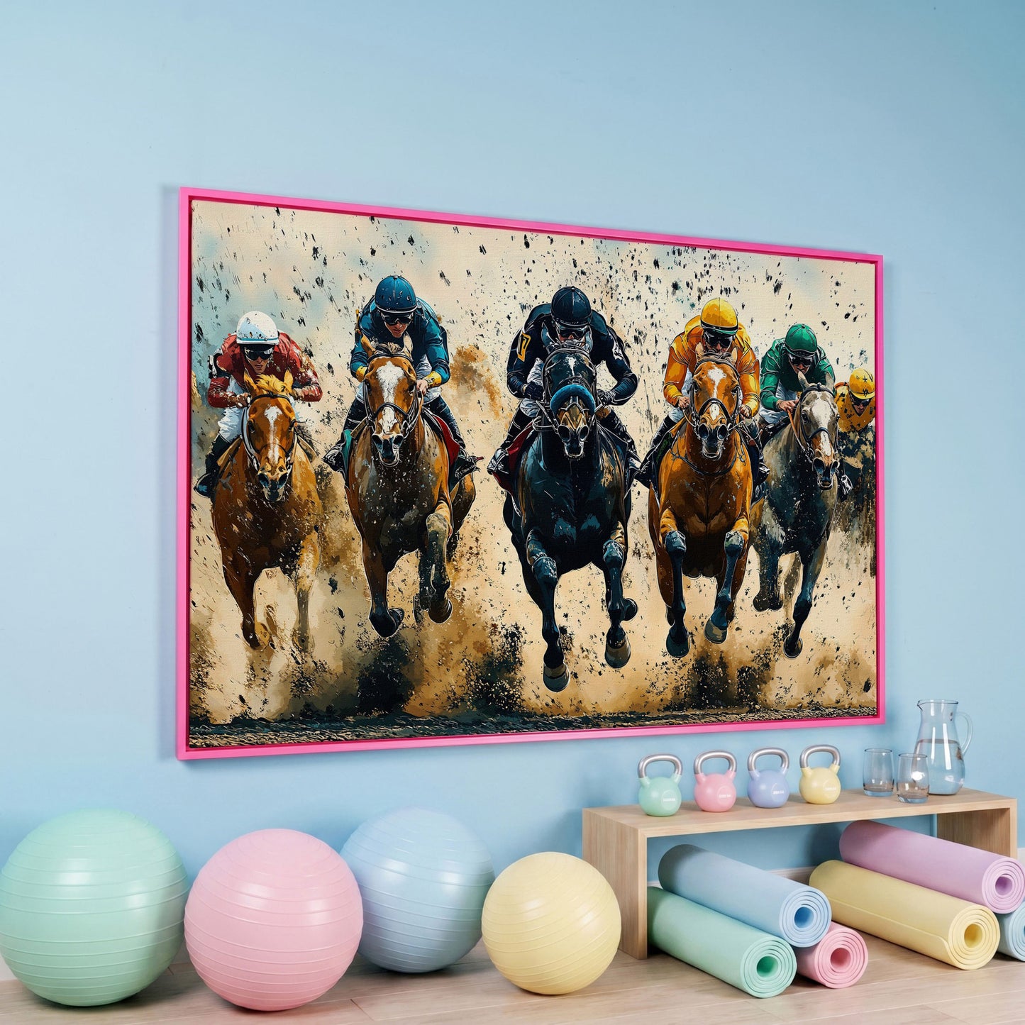 Modern Horse Racing Canvas, Teal and Ochre Equestrian Art in pink floating frame