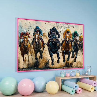 Modern Horse Racing Canvas, Teal and Ochre Equestrian Art in pink floating frame