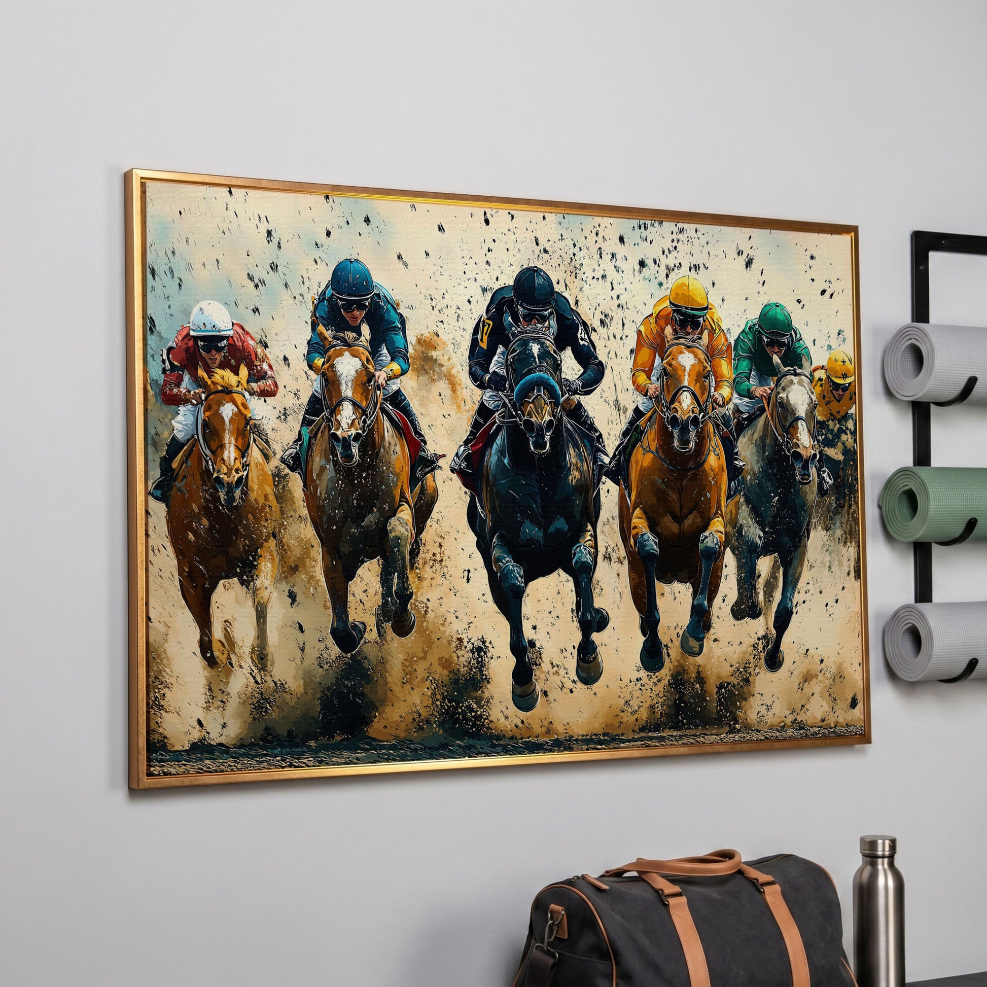 Modern Horse Racing Canvas, Teal and Ochre Equestrian Art in rose gold floating frame