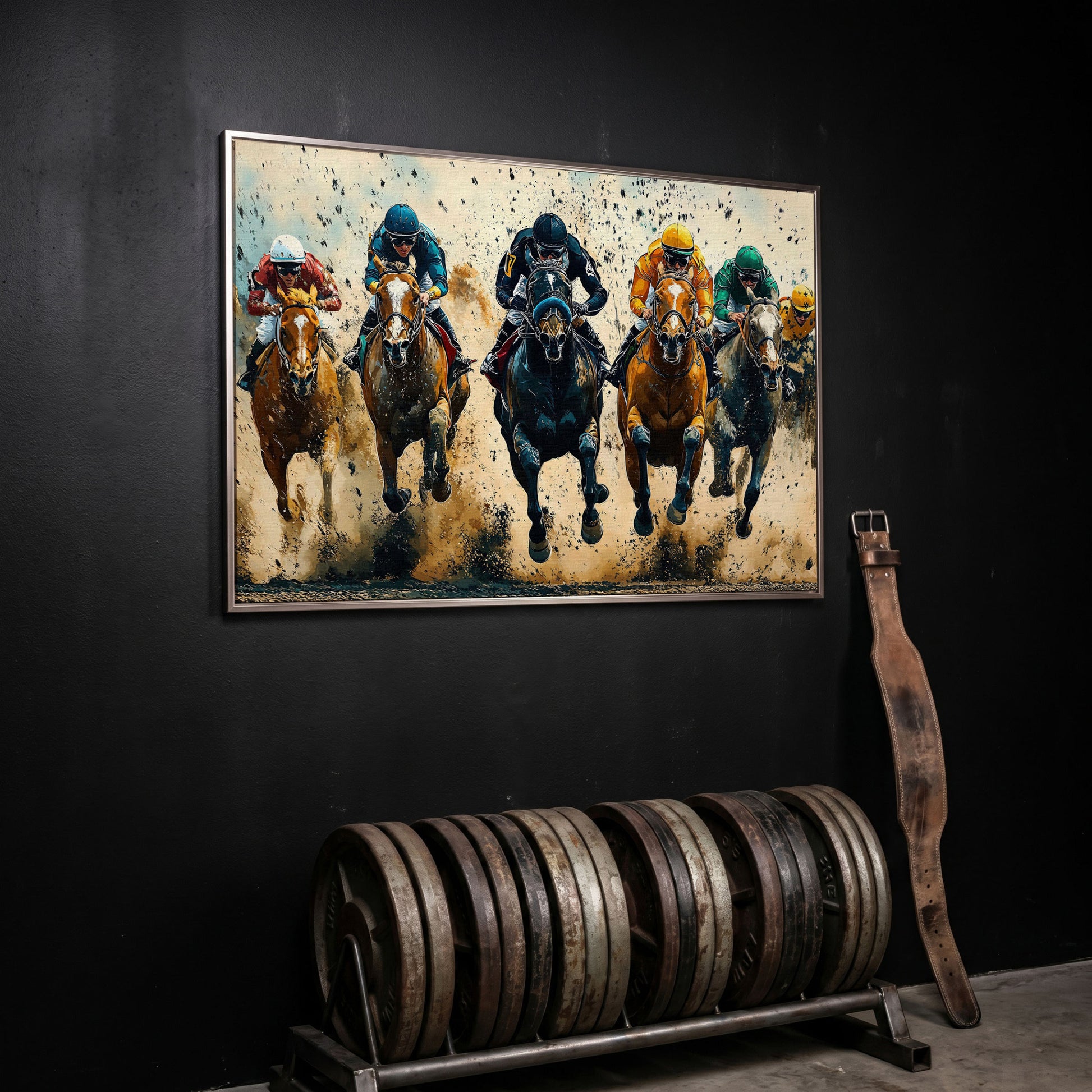 Modern Horse Racing Canvas, Teal and Ochre Equestrian Art in silver floating frame