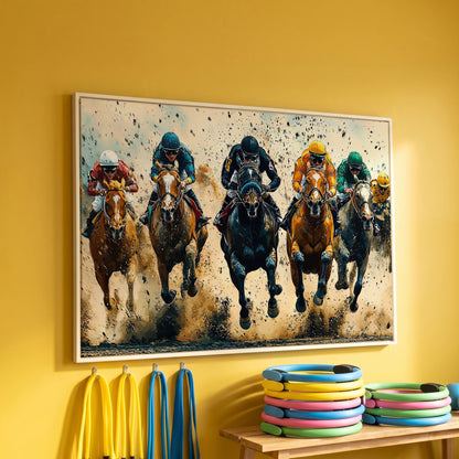 Modern Horse Racing Canvas, Teal and Ochre Equestrian Art in white floating frame