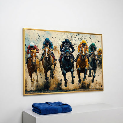 Modern Horse Racing Canvas, Teal and Ochre Equestrian Art in yellow gold floating frame