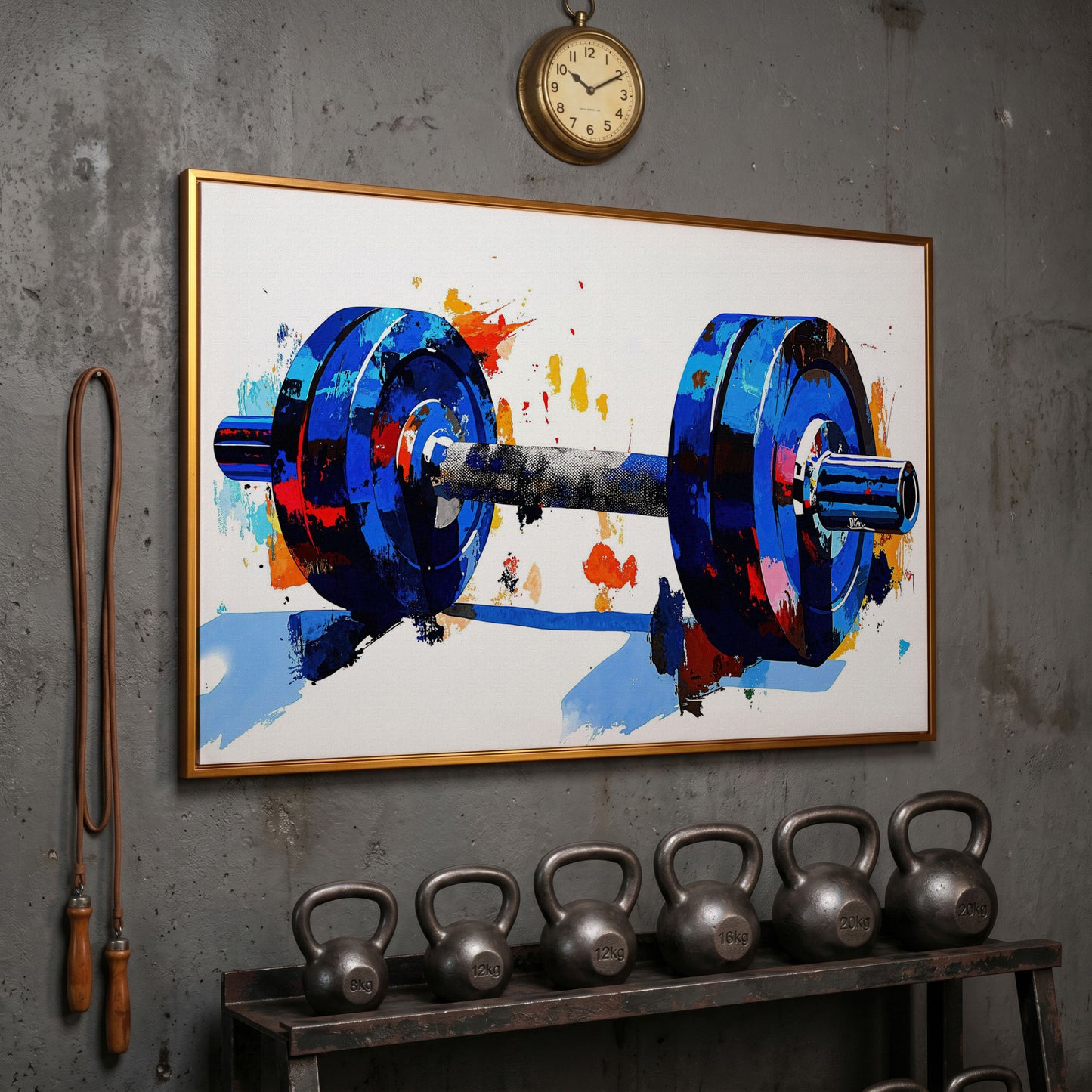 Blue Dumbbell Abstract Canvas Print in antique gold floating frame