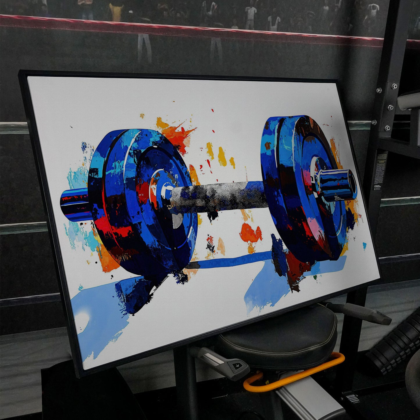 Blue Dumbbell Abstract Canvas Print in black floating frame