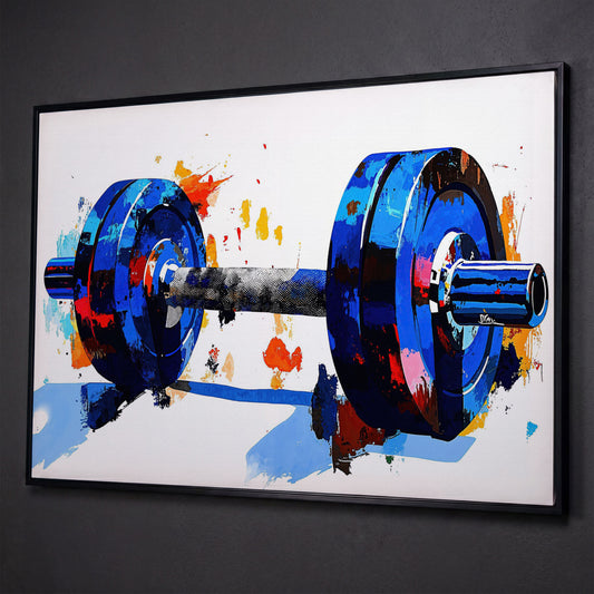 Blue Dumbbell Abstract Canvas Print shown in black floating frame