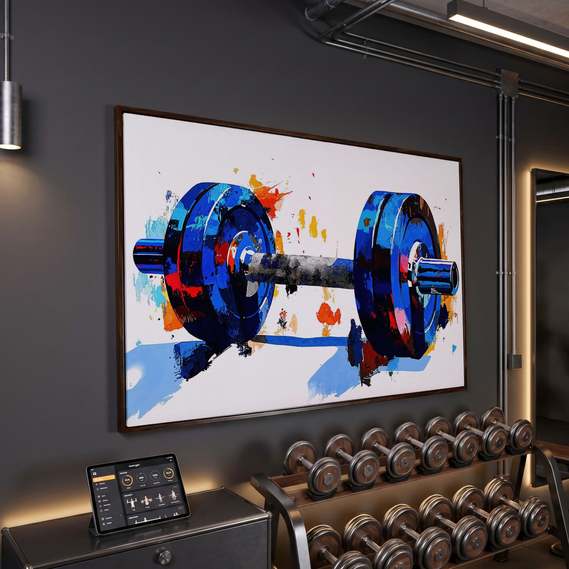 Blue Dumbbell Abstract Canvas Print in dark walnut floating frame