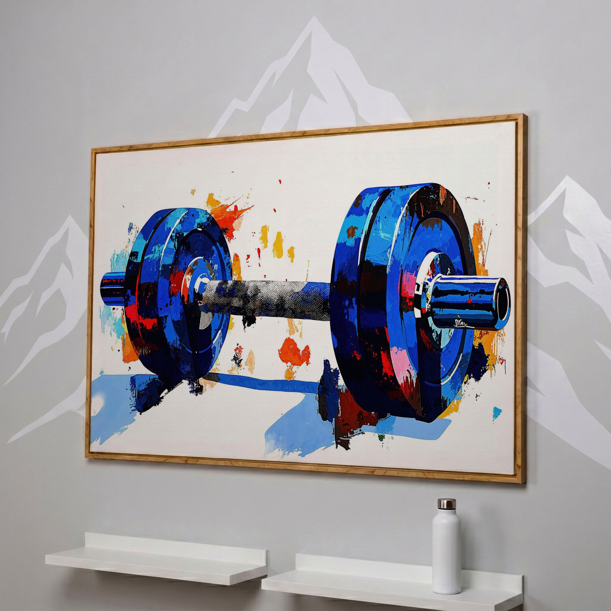 Blue Dumbbell Abstract Canvas Print in white oak floating frame