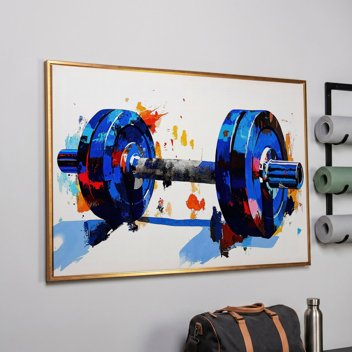 Blue Dumbbell Abstract Canvas Print in rose gold floating frame
