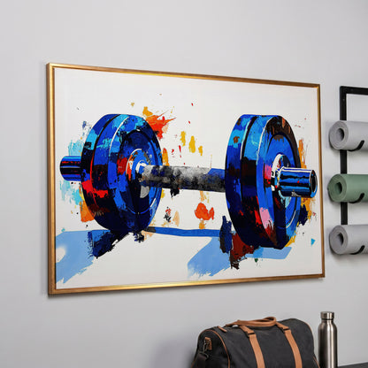 Blue Dumbbell Abstract Canvas Print in rose gold floating frame