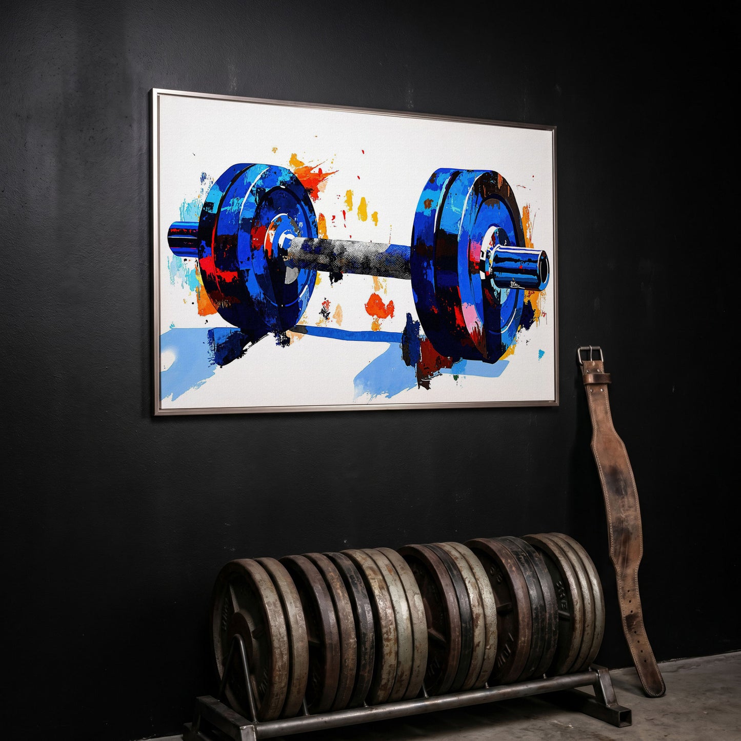 Blue Dumbbell Abstract Canvas Print in silver floating frame