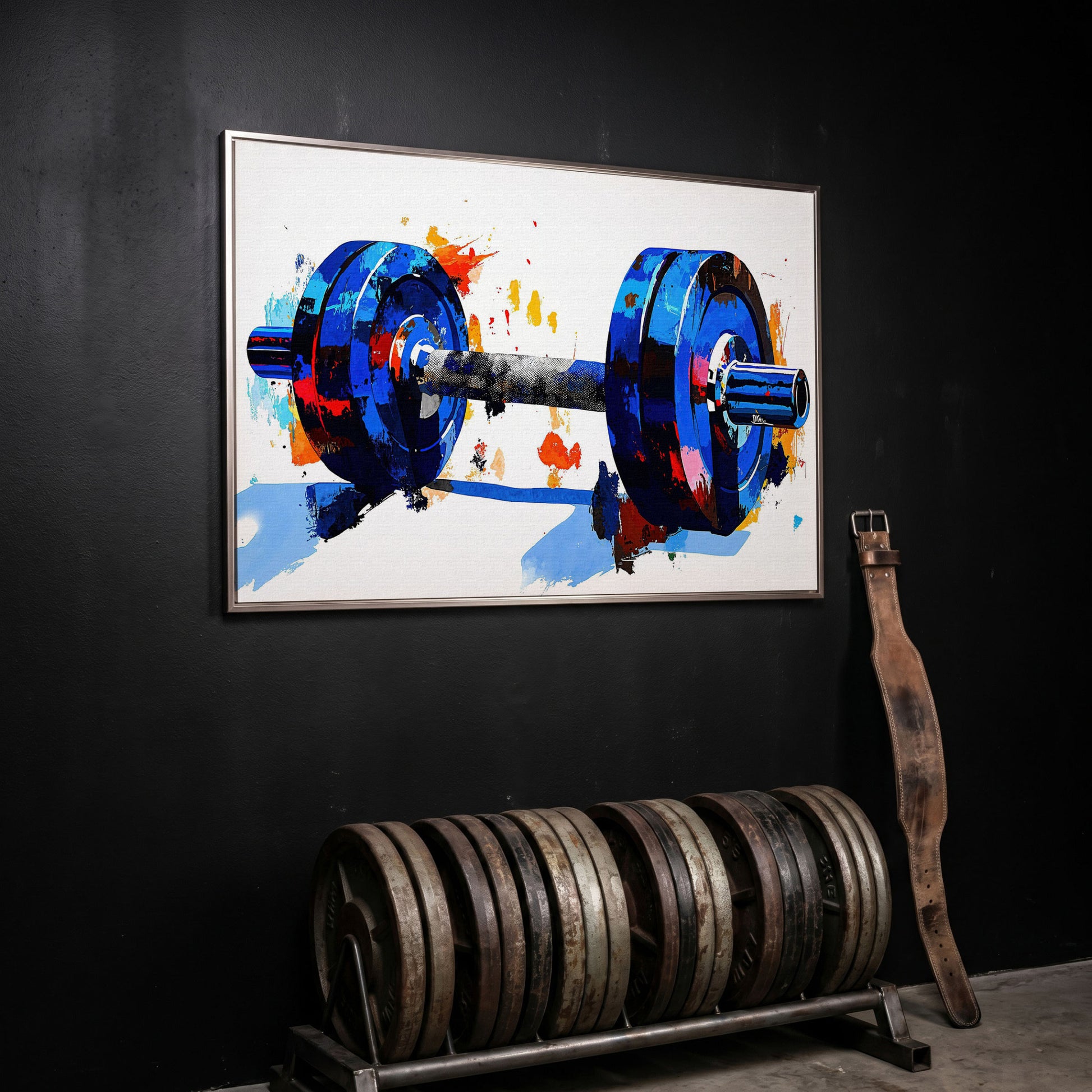 Blue Dumbbell Abstract Canvas Print in silver floating frame