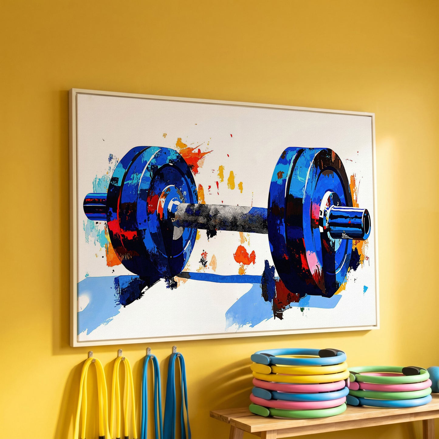 Blue Dumbbell Abstract Canvas Print in white floating frame