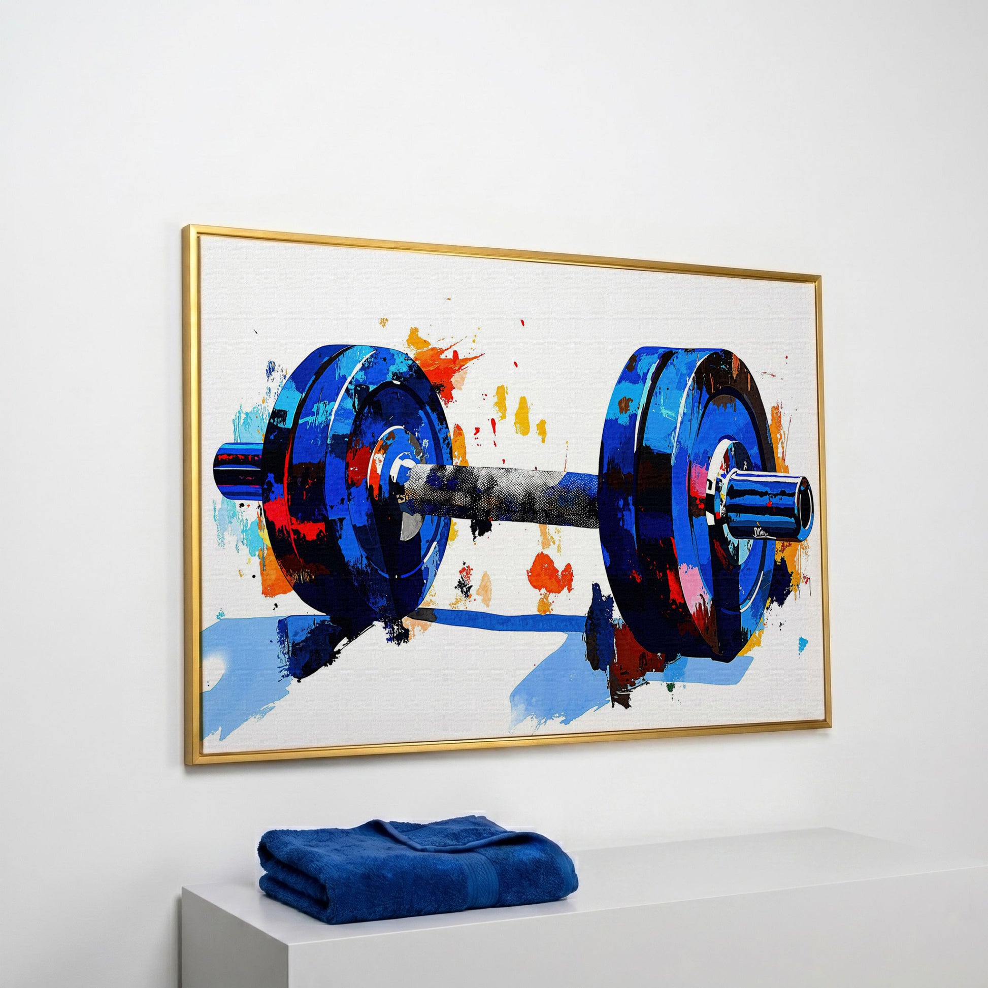 Blue Dumbbell Abstract Canvas Print in yellow gold floating frame