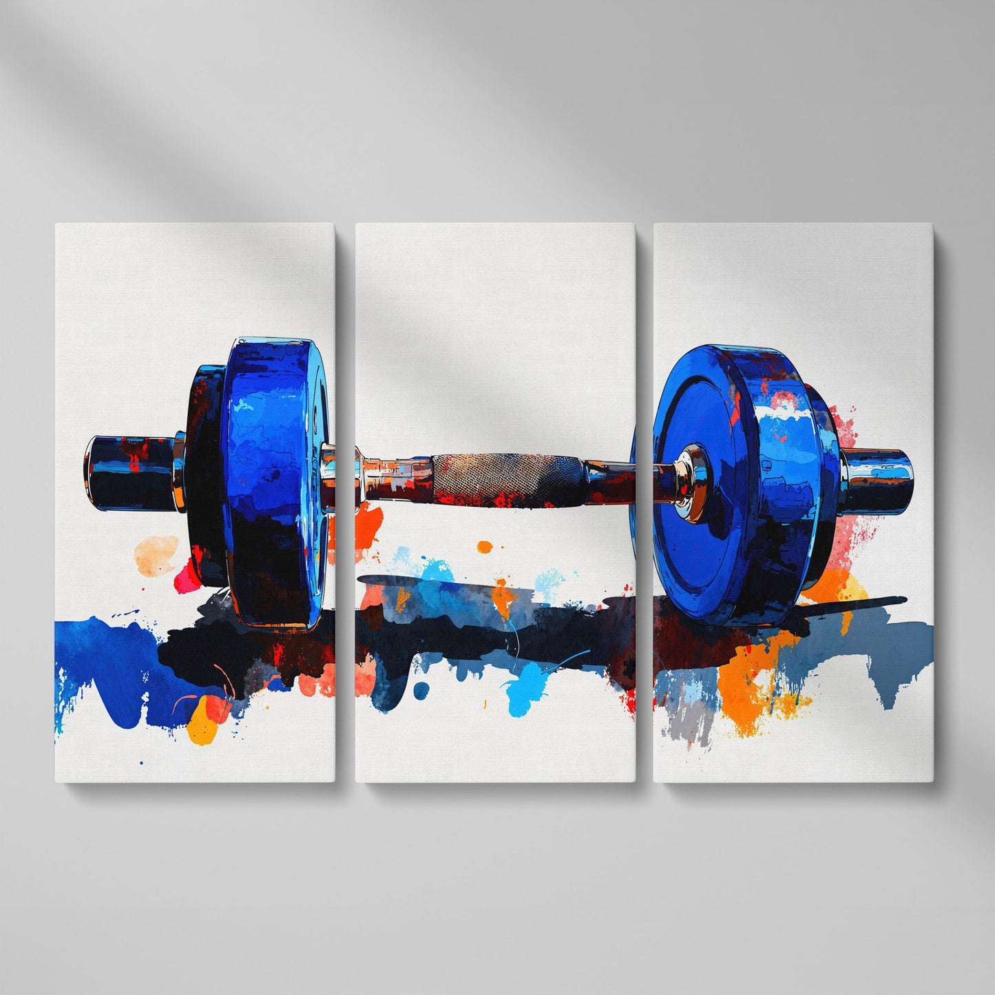 Cobalt Dumbbell Canvas Print with Burnt Sienna Accent as 3-panel split version
