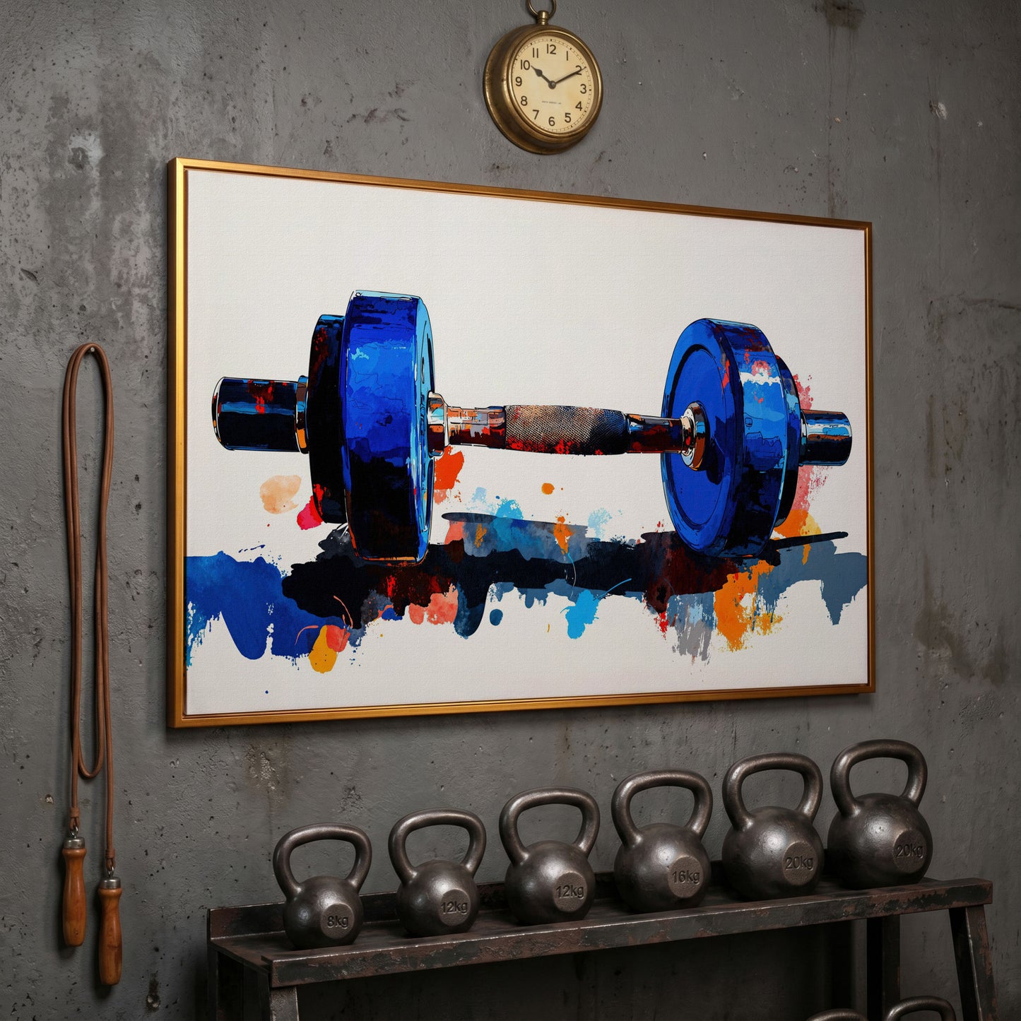 Cobalt Dumbbell Canvas Print with Burnt Sienna Accent in antique gold floating frame