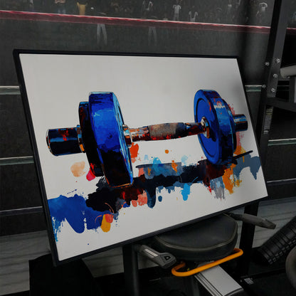 Cobalt Dumbbell Canvas Print with Burnt Sienna Accent in black floating frame