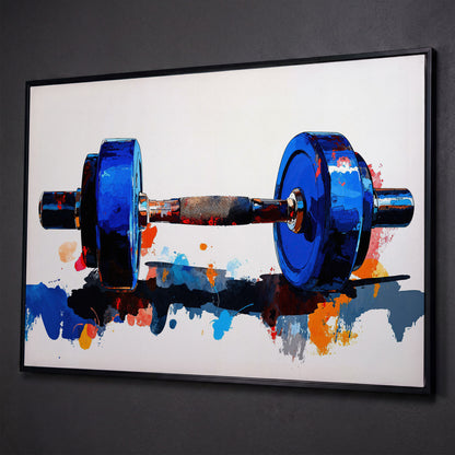 Cobalt Dumbbell Canvas Print with Burnt Sienna Accent shown in black floating frame