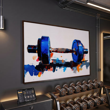 Cobalt Dumbbell Canvas Print with Burnt Sienna Accent in dark walnut floating frame