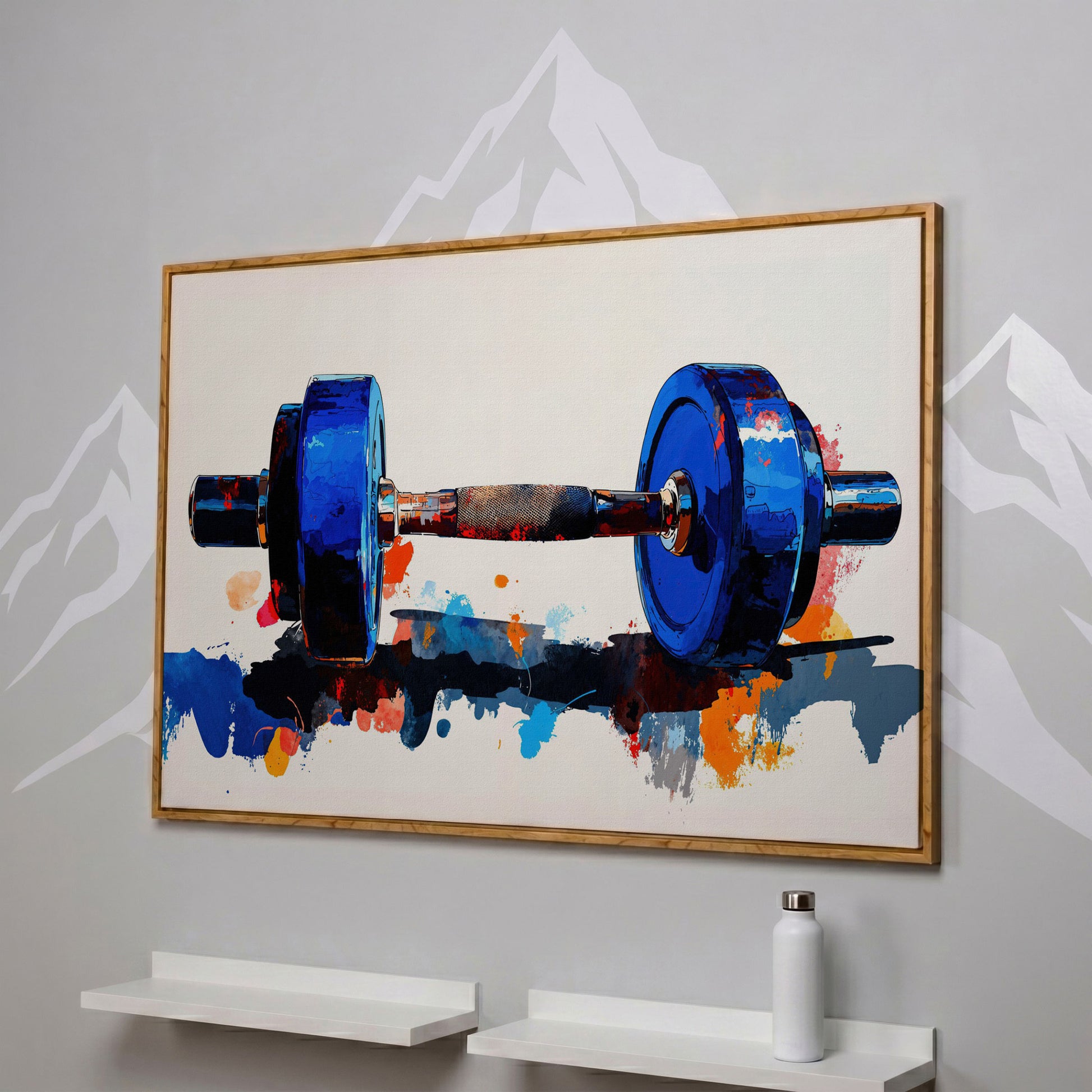 Cobalt Dumbbell Canvas Print with Burnt Sienna Accent in white oak floating frame