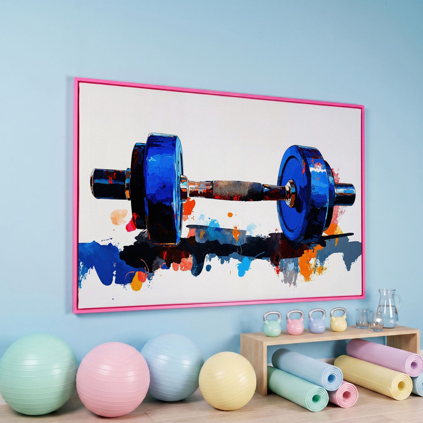 Cobalt Dumbbell Canvas Print with Burnt Sienna Accent in pink floating frame