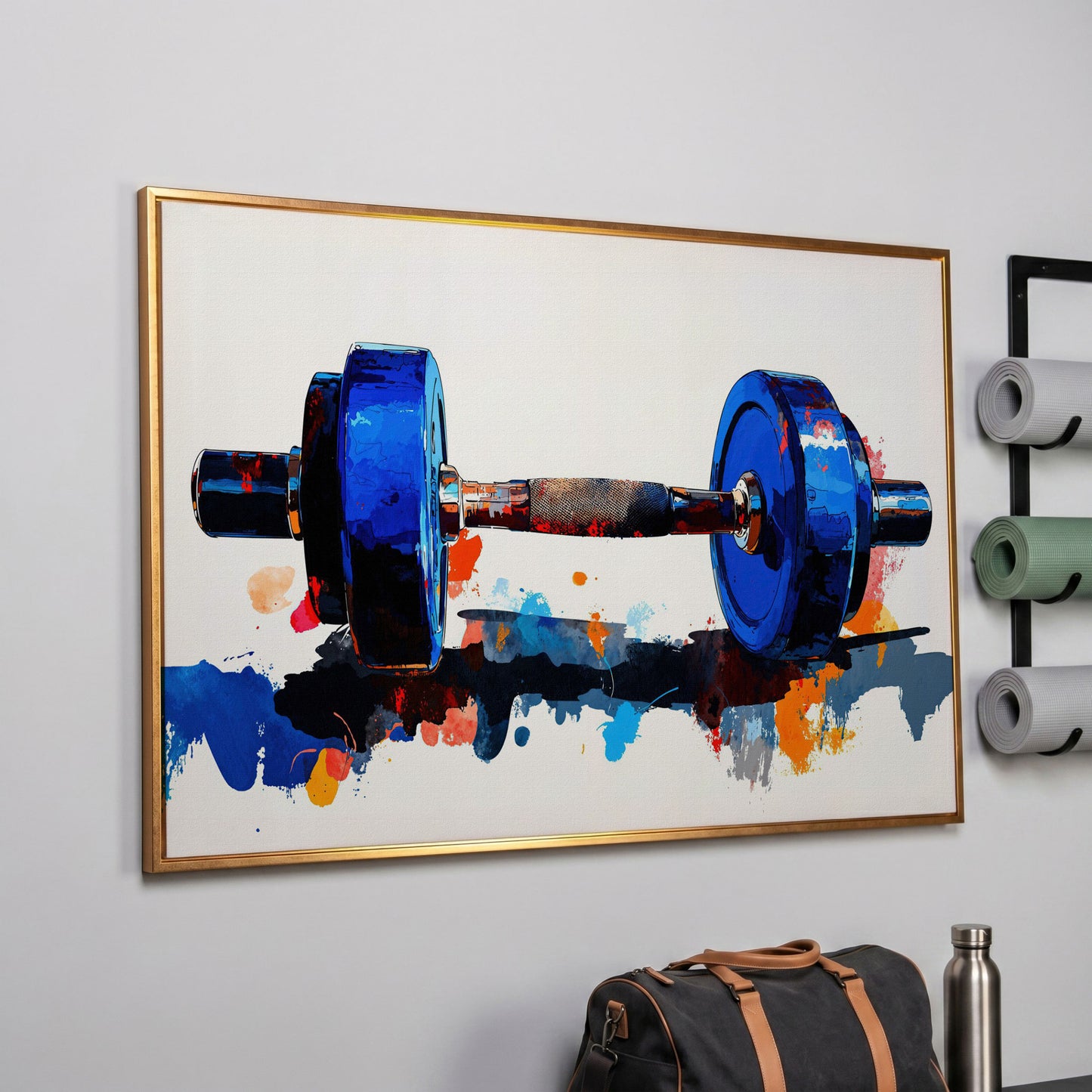 Cobalt Dumbbell Canvas Print with Burnt Sienna Accent in rose gold floating frame