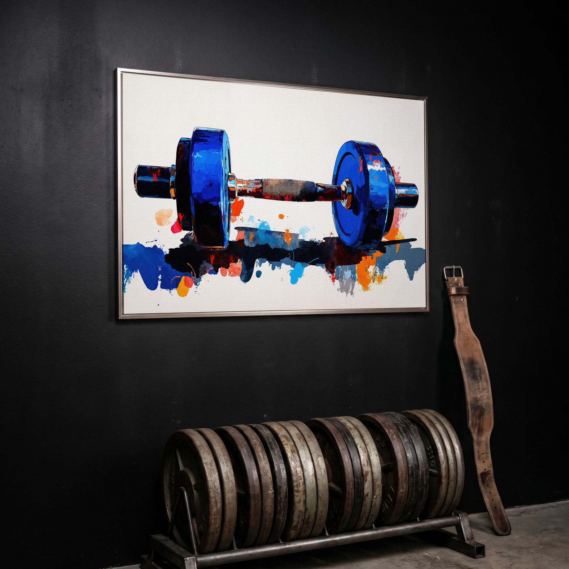 Cobalt Dumbbell Canvas Print with Burnt Sienna Accent in silver floating frame