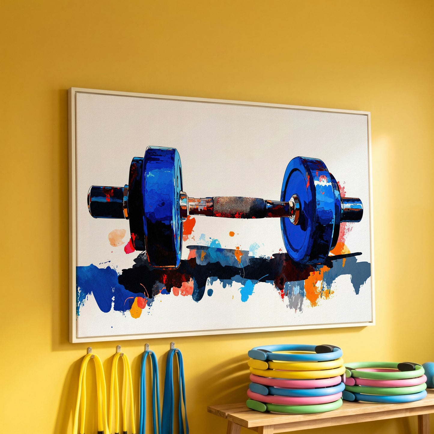 Cobalt Dumbbell Canvas Print with Burnt Sienna Accent in white floating frame