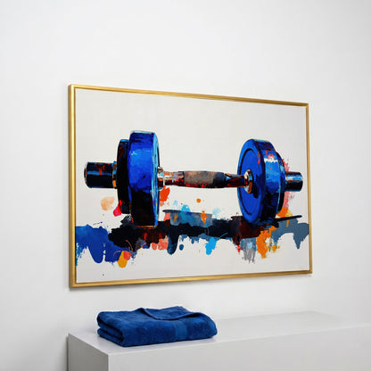 Cobalt Dumbbell Canvas Print with Burnt Sienna Accent in yellow gold floating frame
