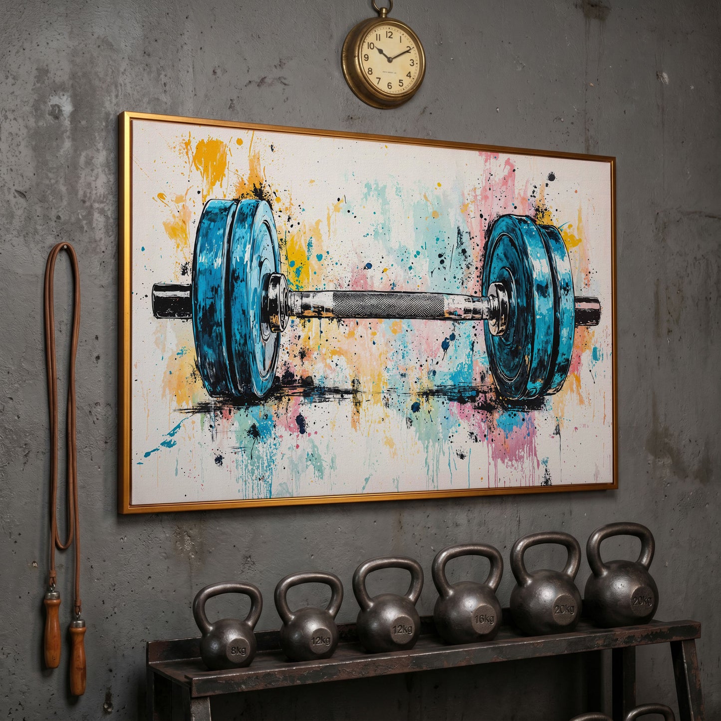Colorful Dumbbell Canvas Print for Workout Rooms in antique gold floating frame