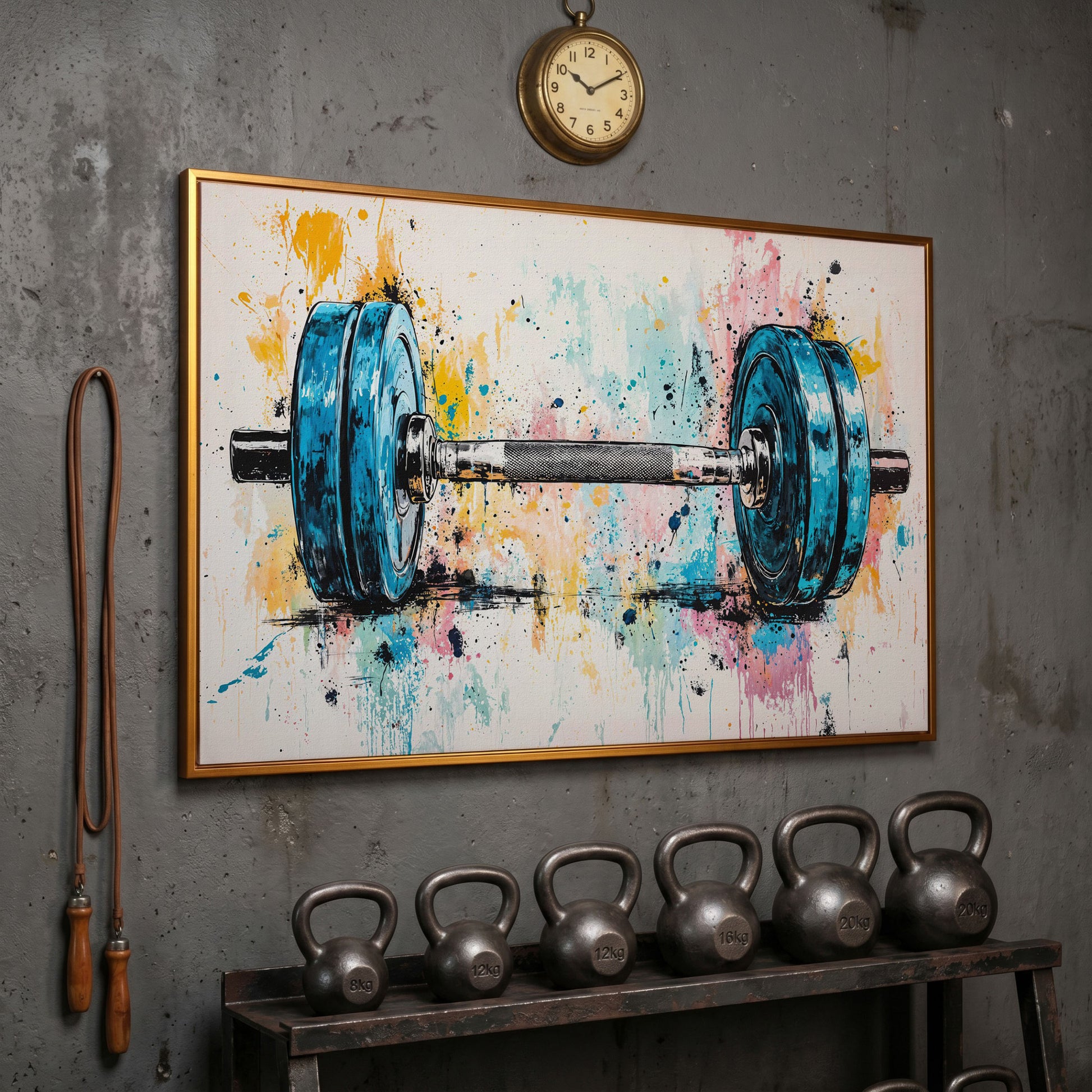 Colorful Dumbbell Canvas Print for Workout Rooms in antique gold floating frame