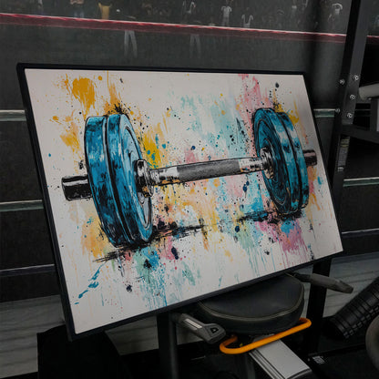 Colorful Dumbbell Canvas Print for Workout Rooms in black floating frame