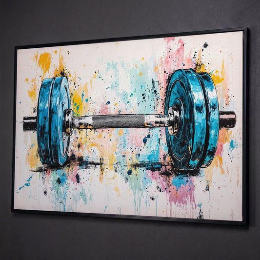 Colorful Dumbbell Canvas Print for Workout Rooms shown in black floating frame
