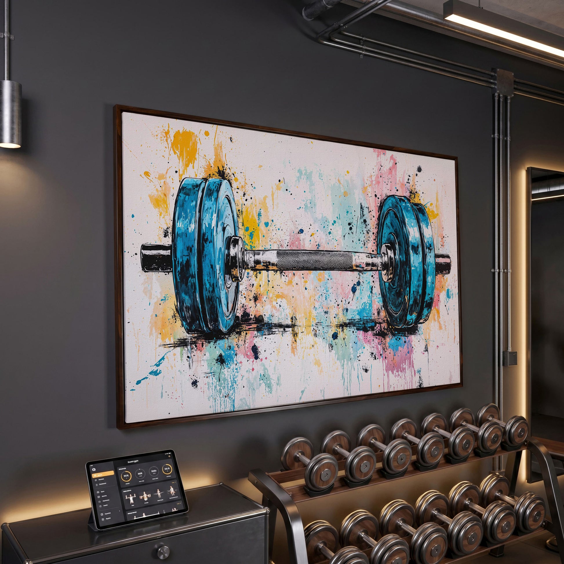 Colorful Dumbbell Canvas Print for Workout Rooms in dark walnut floating frame