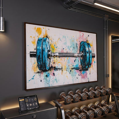 Colorful Dumbbell Canvas Print for Workout Rooms in dark walnut floating frame