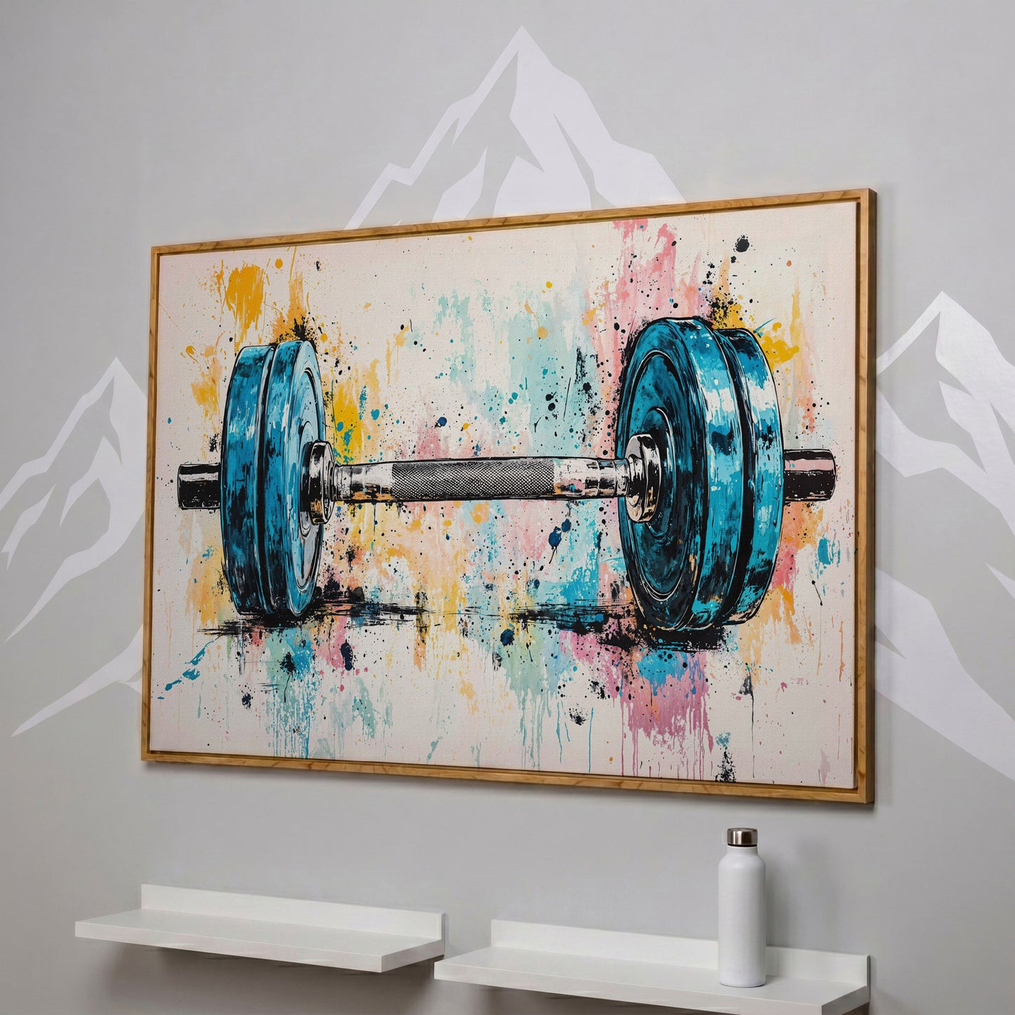 Colorful Dumbbell Canvas Print for Workout Rooms in white oak floating frame