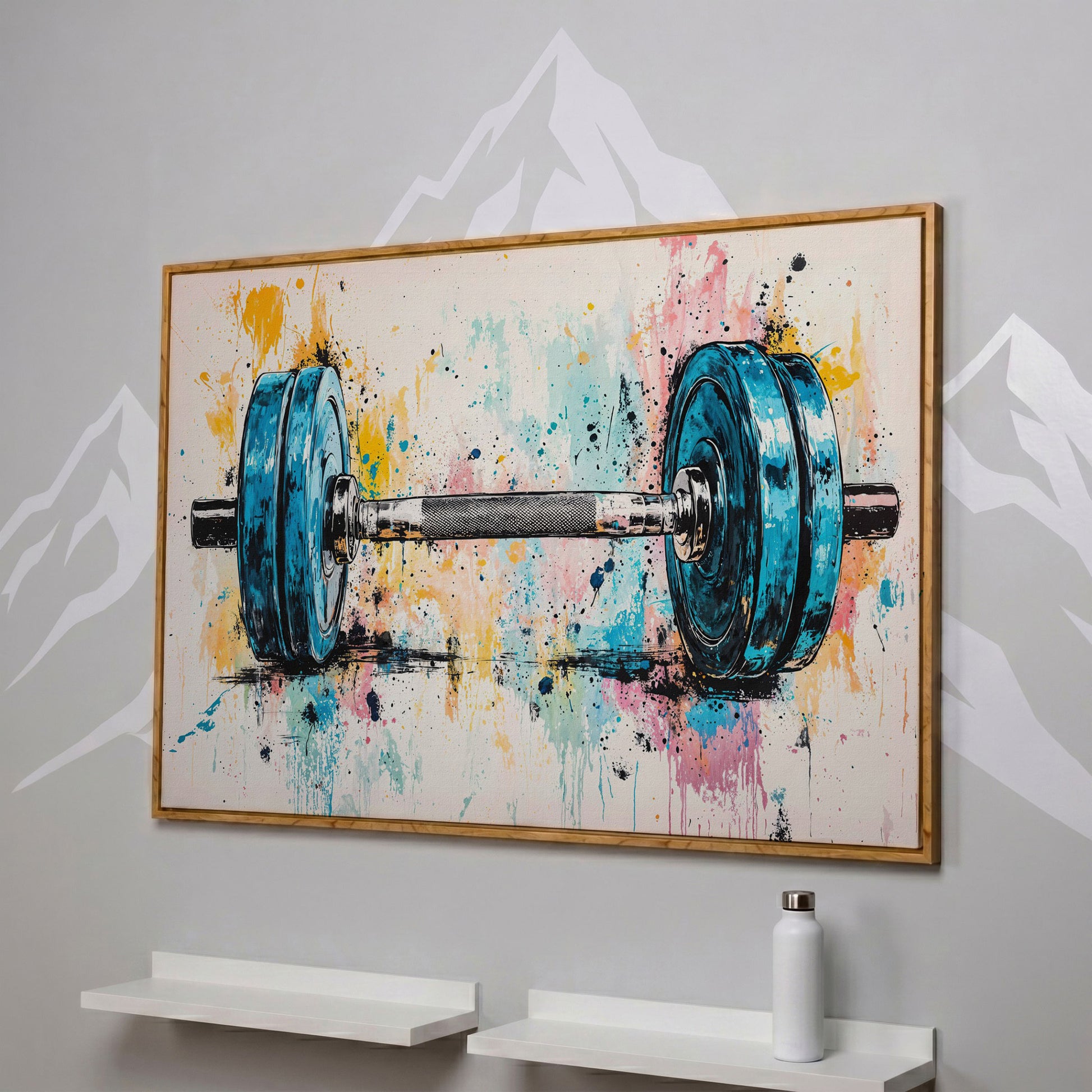 Colorful Dumbbell Canvas Print for Workout Rooms in white oak floating frame