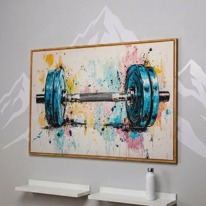 Colorful Dumbbell Canvas Print for Workout Rooms in white oak floating frame