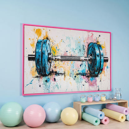 Colorful Dumbbell Canvas Print for Workout Rooms in pink floating frame