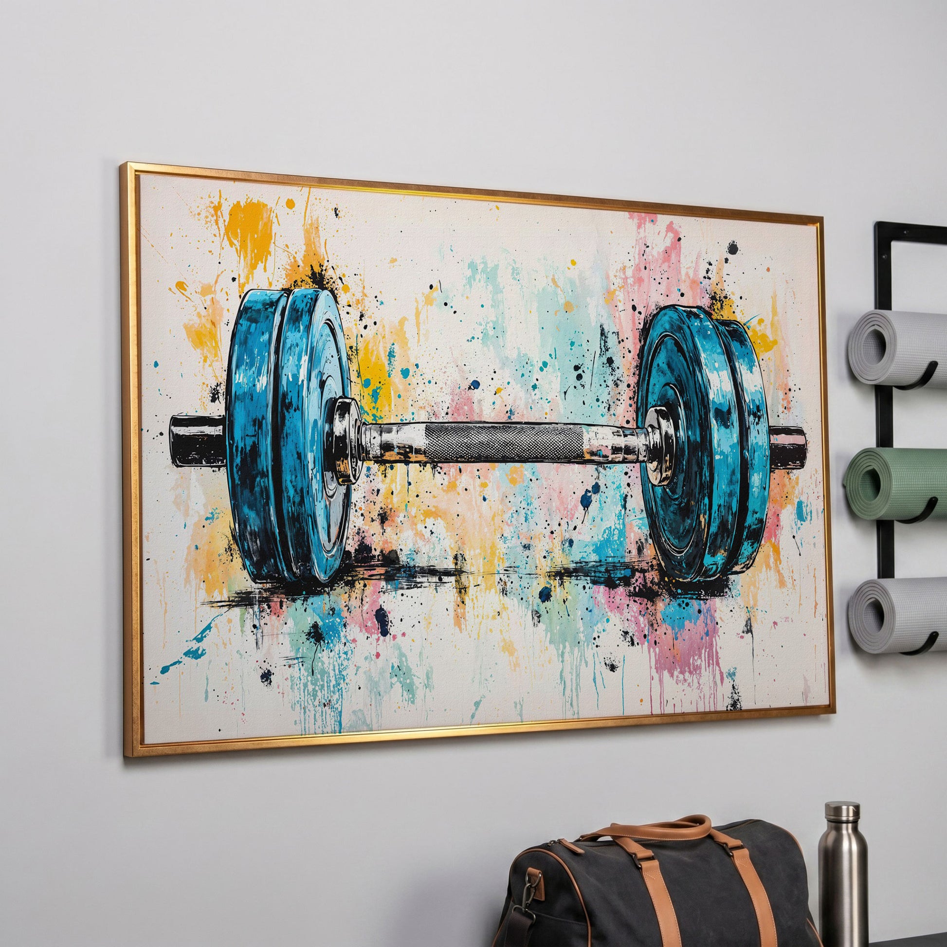 Colorful Dumbbell Canvas Print for Workout Rooms in rose gold floating frame