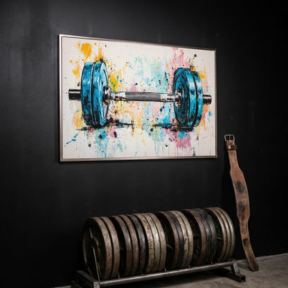 Colorful Dumbbell Canvas Print for Workout Rooms in silver floating frame