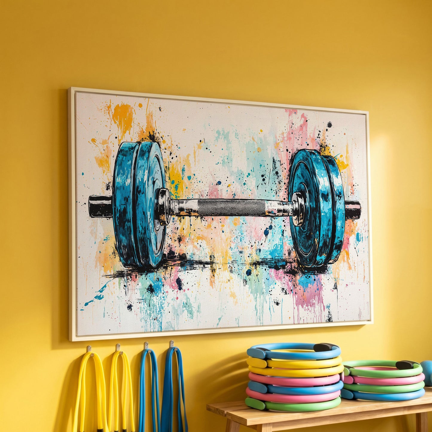 Colorful Dumbbell Canvas Print for Workout Rooms in white floating frame