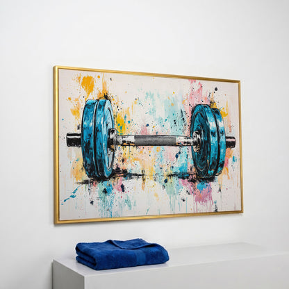 Colorful Dumbbell Canvas Print for Workout Rooms in yellow gold floating frame