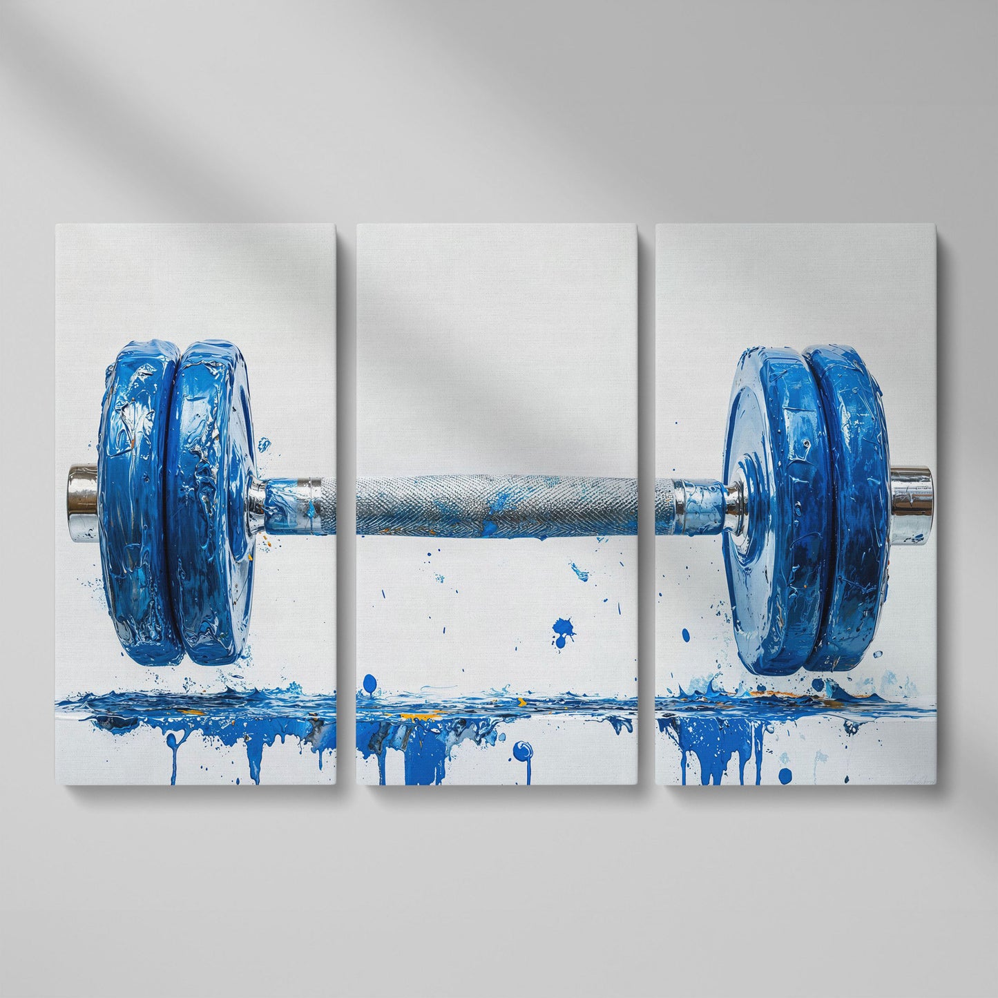 Cobalt Dumbbell Canvas Wall Art for Home Gyms as 3-panel split version