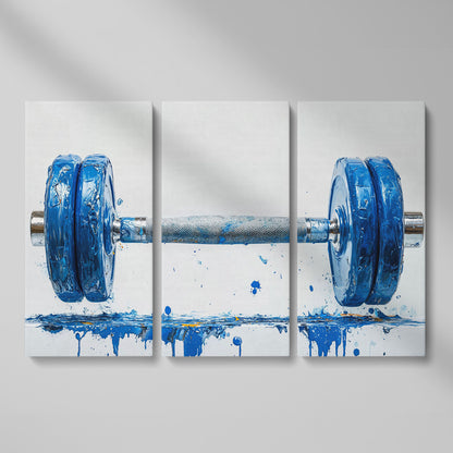 Cobalt Dumbbell Canvas Wall Art for Home Gyms as 3-panel split version