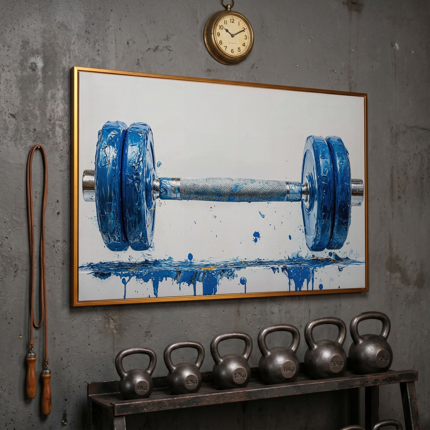Cobalt Dumbbell Canvas Wall Art for Home Gyms in antique gold floating frame