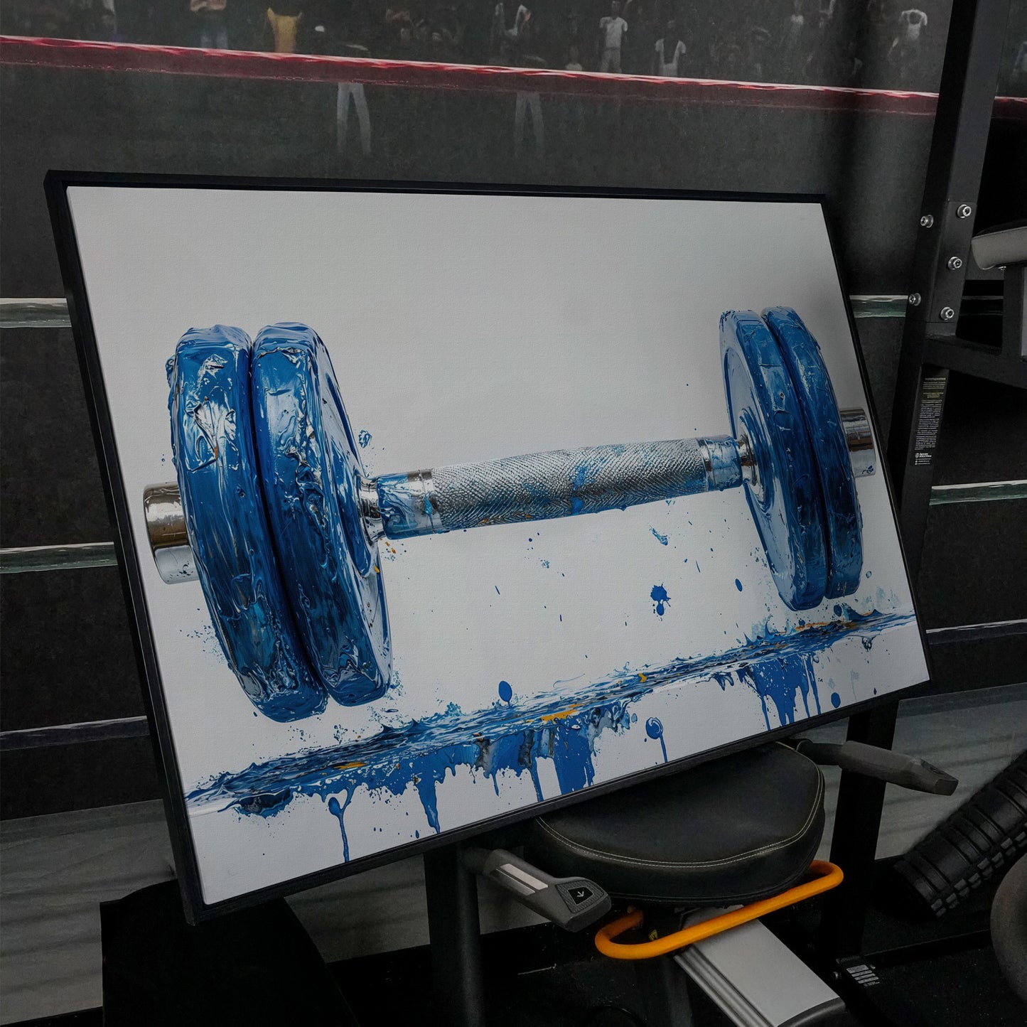 Cobalt Dumbbell Canvas Wall Art for Home Gyms in black floating frame