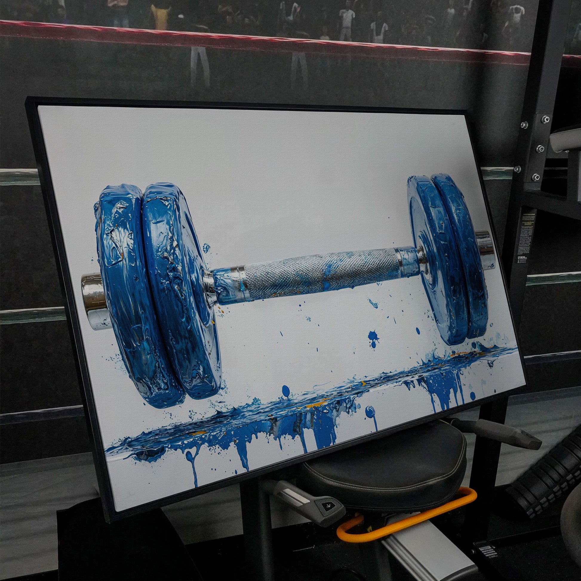 Cobalt Dumbbell Canvas Wall Art for Home Gyms in black floating frame