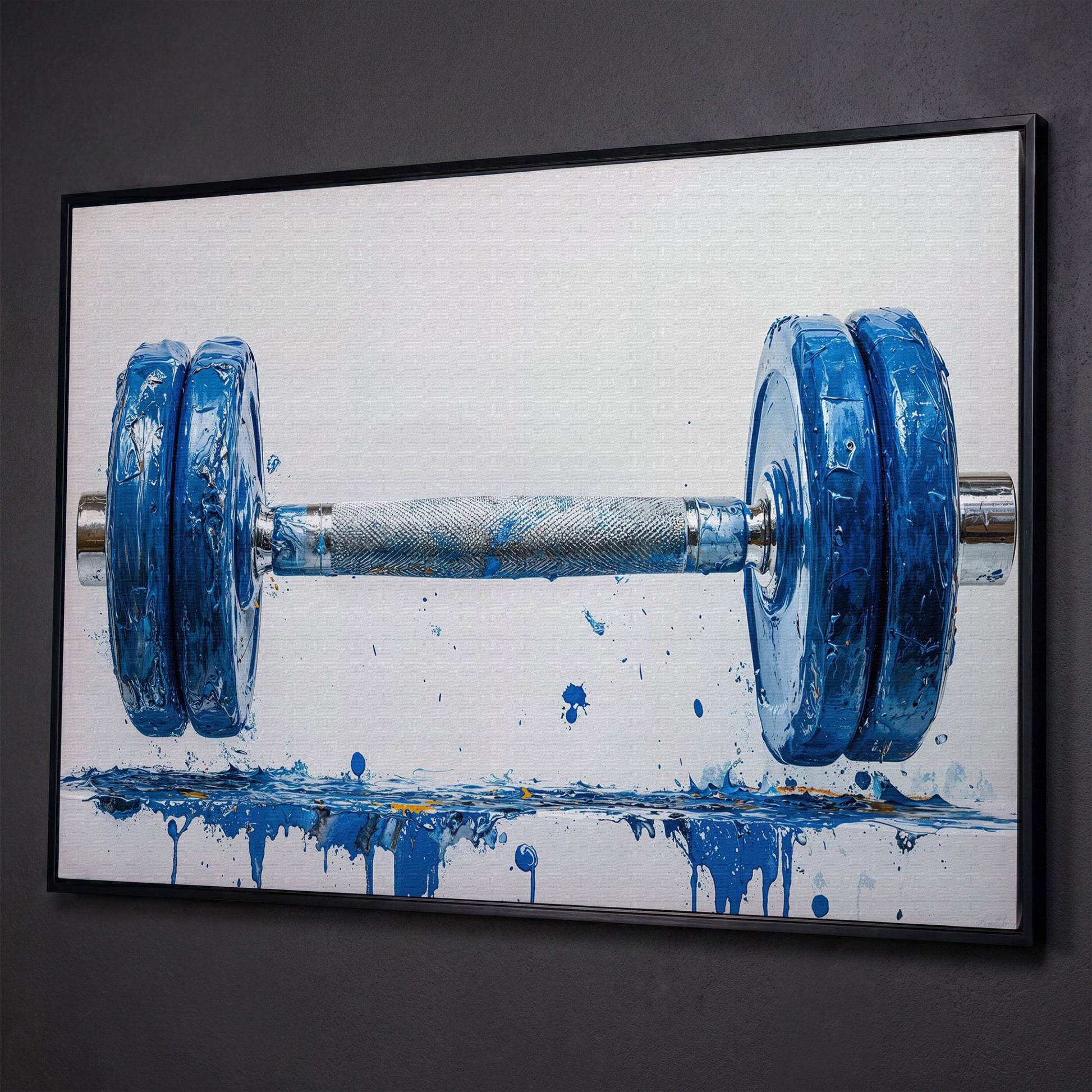 Cobalt Dumbbell Canvas Wall Art for Home Gyms shown in black floating frame