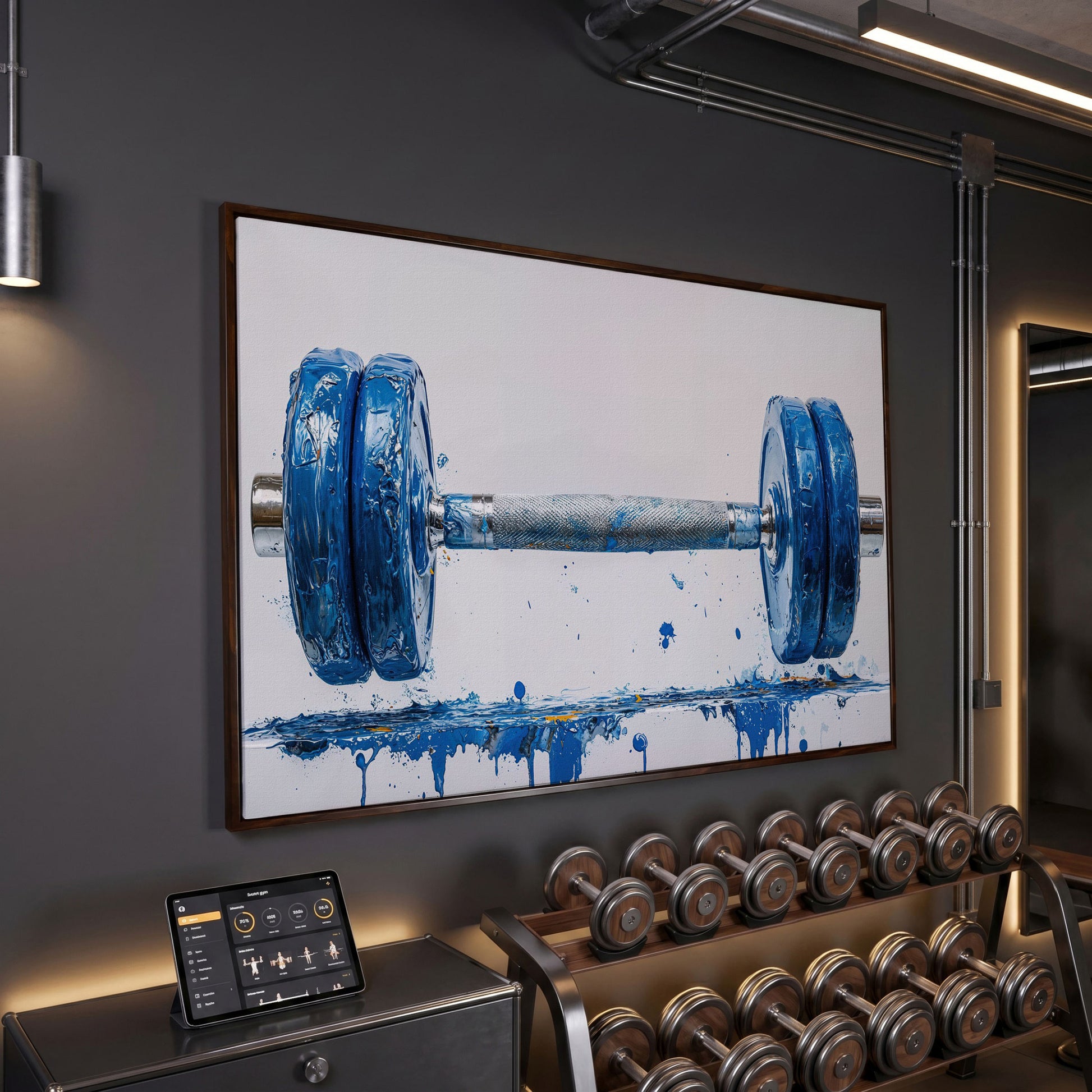 Cobalt Dumbbell Canvas Wall Art for Home Gyms in dark walnut floating frame