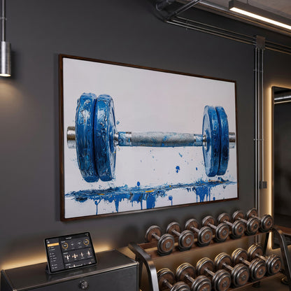Cobalt Dumbbell Canvas Wall Art for Home Gyms in dark walnut floating frame